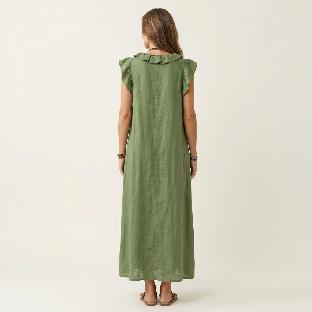 Joset | Vestido Maxi em Linho com Decote em V e Renda