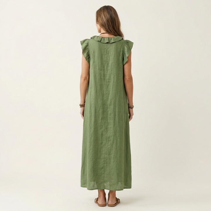 Joset | Vestido Maxi em Linho com Decote em V e Renda