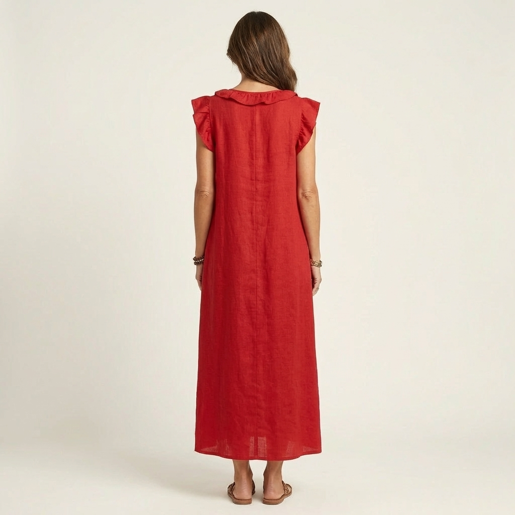 Joset | Vestido Maxi em Linho com Decote em V e Renda