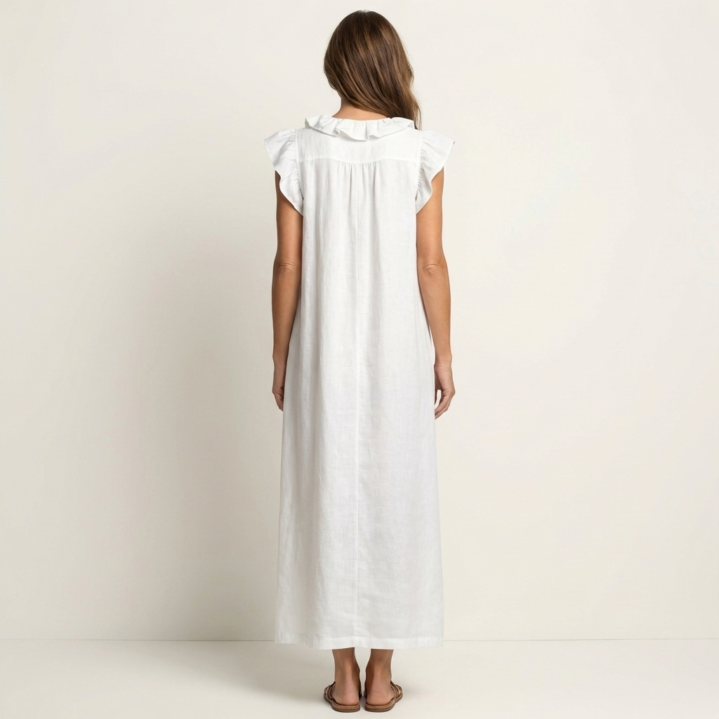 Joset | Vestido Maxi em Linho com Decote em V e Renda