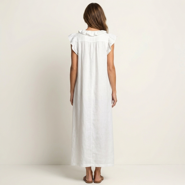 Joset | Vestido Maxi em Linho com Decote em V e Renda