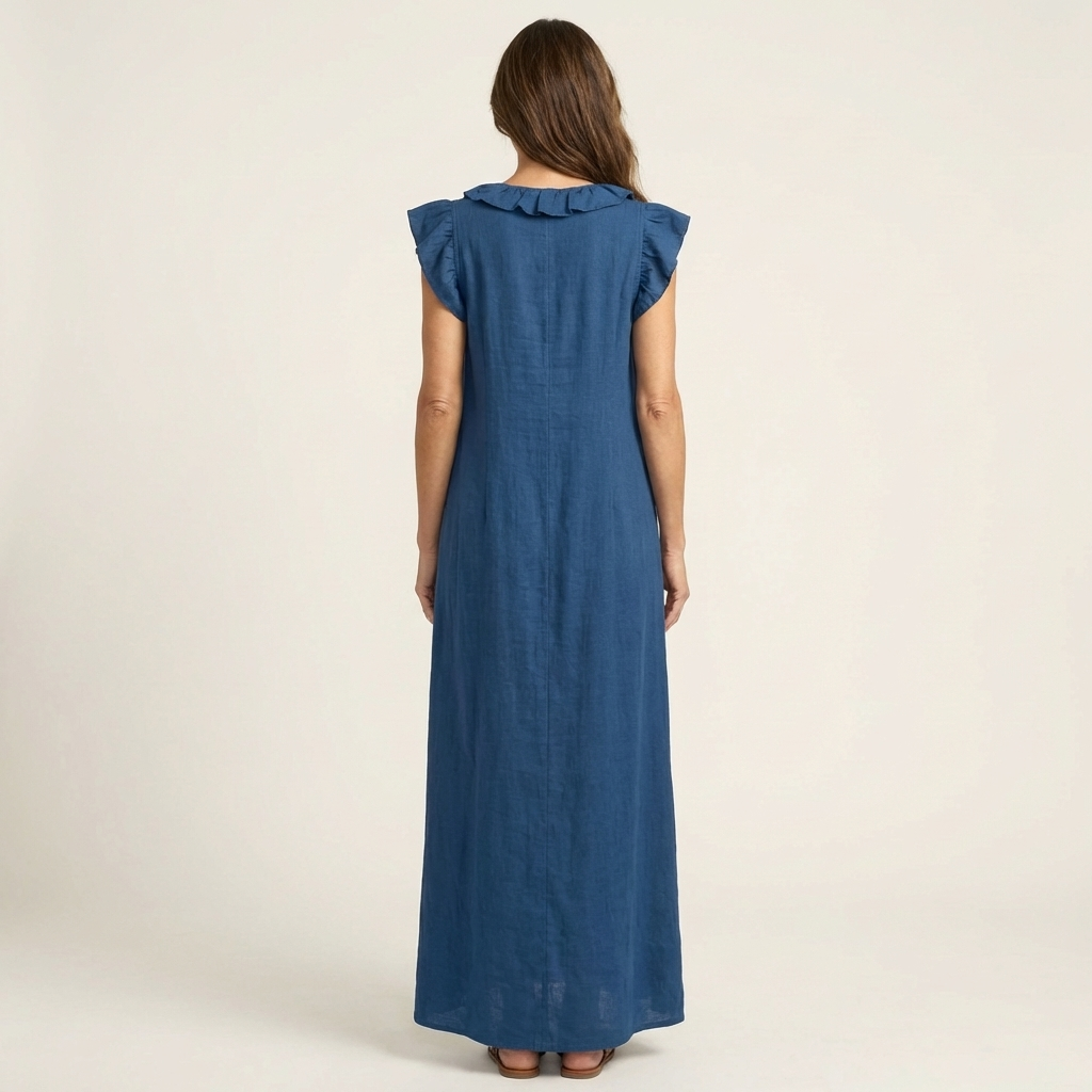 Joset | Vestido Maxi em Linho com Decote em V e Renda
