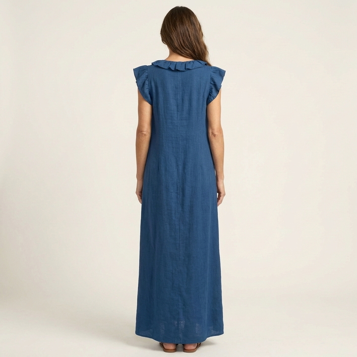Joset | Vestido Maxi em Linho com Decote em V e Renda
