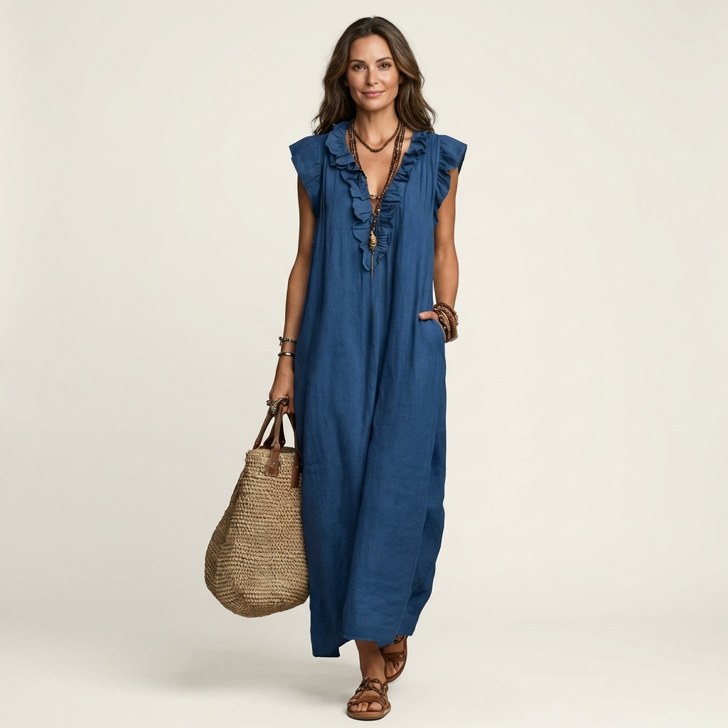 Joset | Vestido Maxi em Linho com Decote em V e Renda