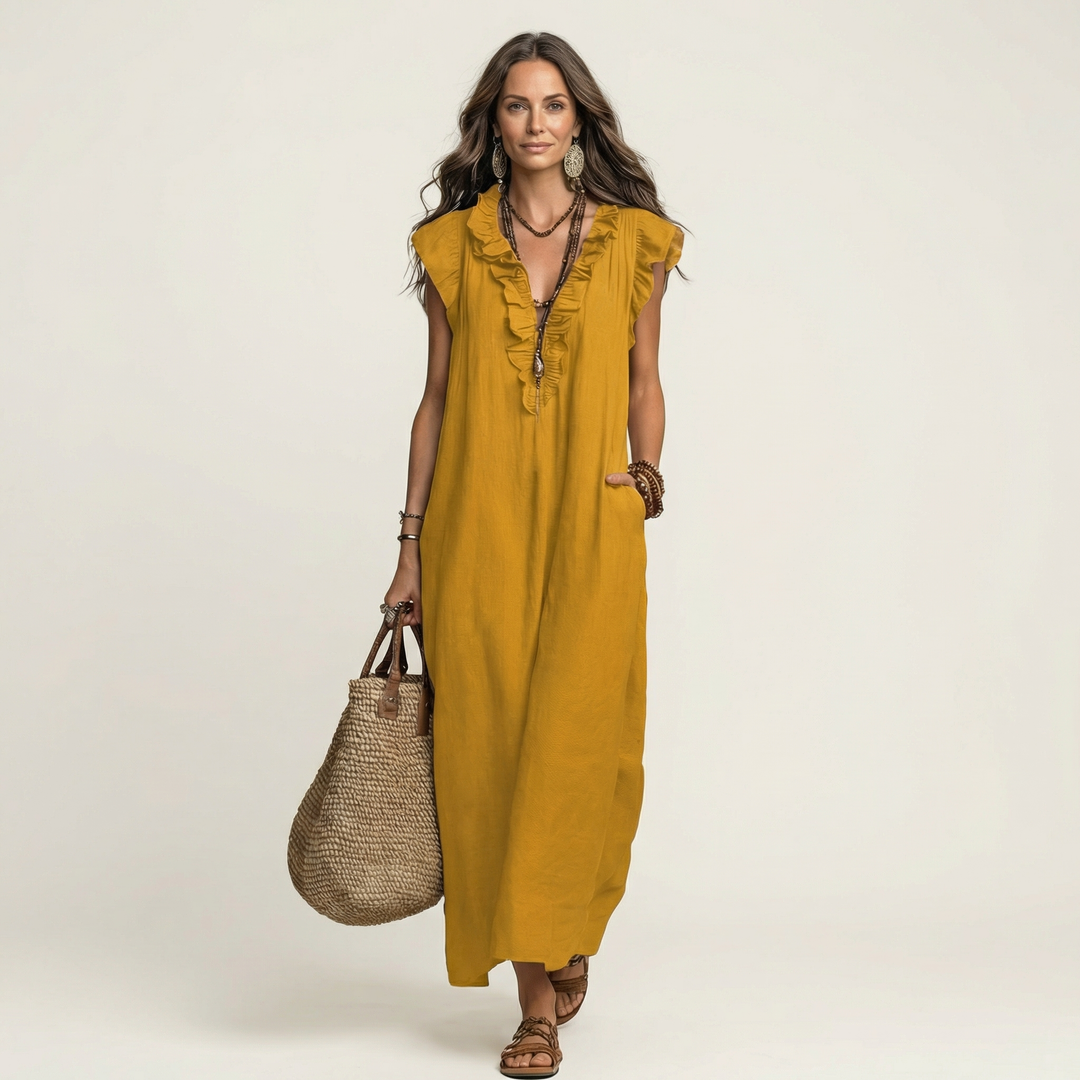 Joset | Vestido Maxi em Linho com Decote em V e Renda
