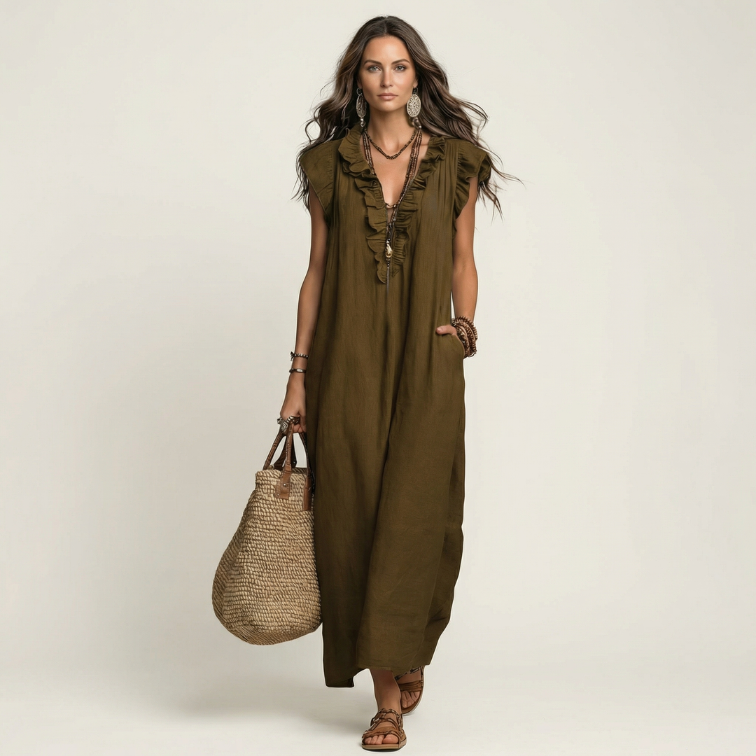Joset | Vestido Maxi em Linho com Decote em V e Renda