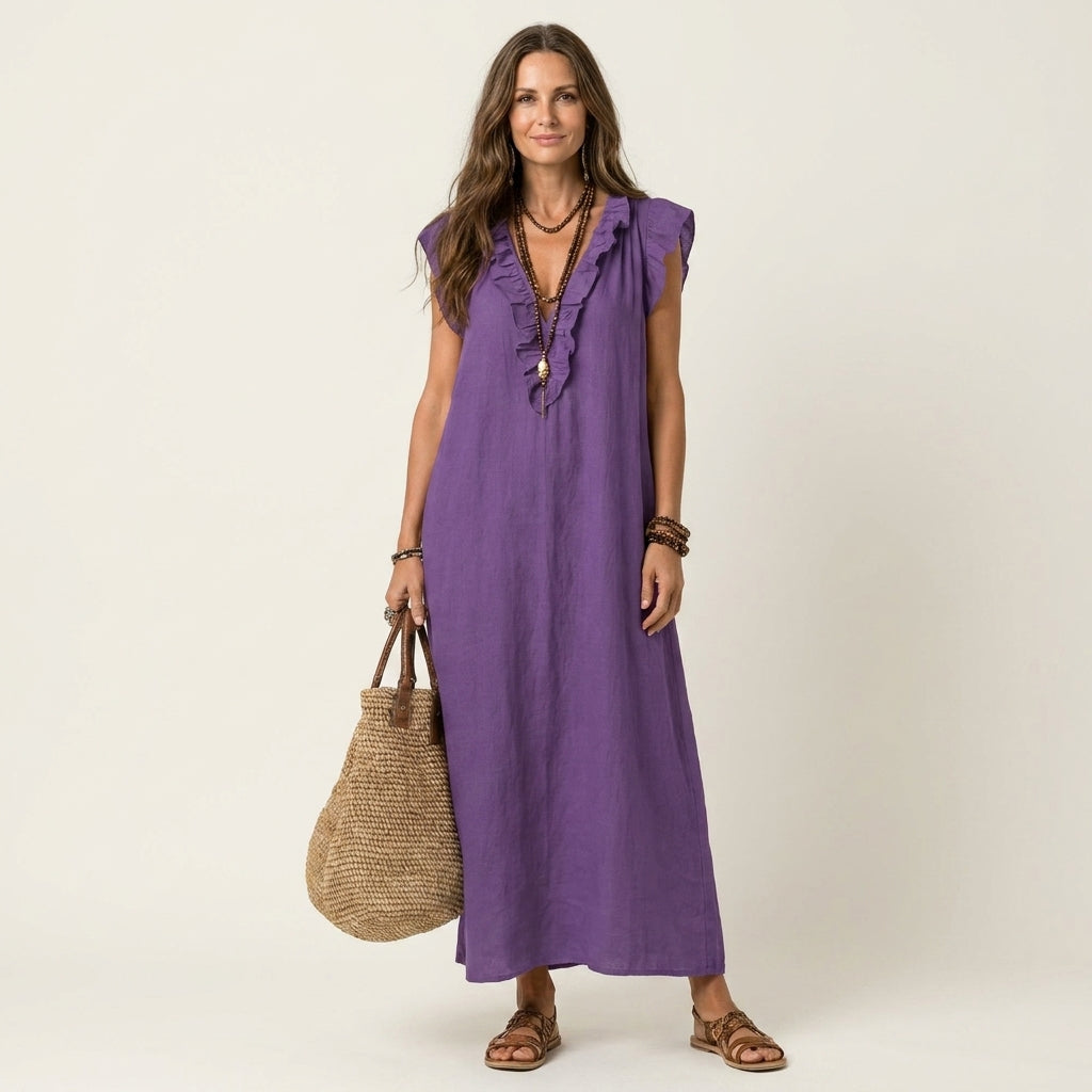 Joset | Vestido Maxi em Linho com Decote em V e Renda