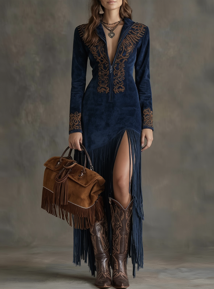 Teresa | Vestido comprido com bordados e fecho frontal