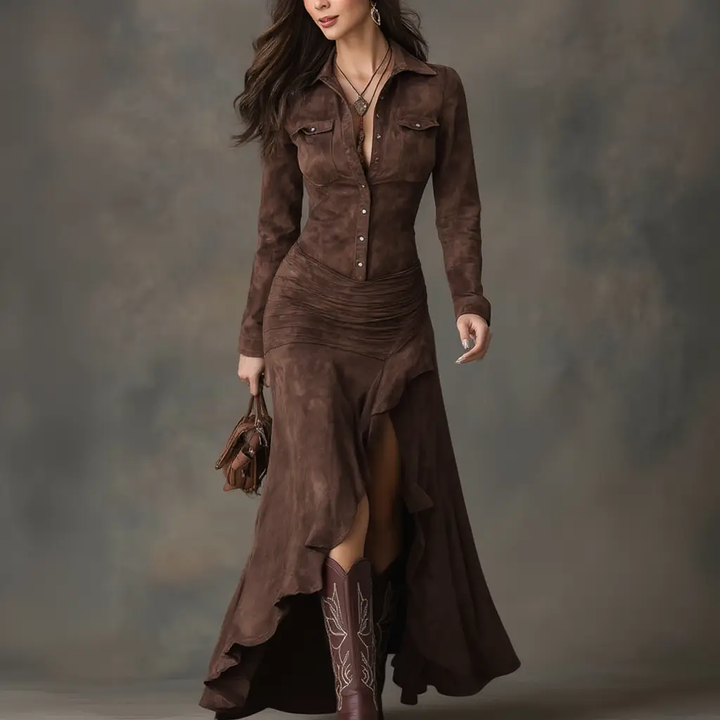 Lizet | Vestido comprido retro em castanho com folhos