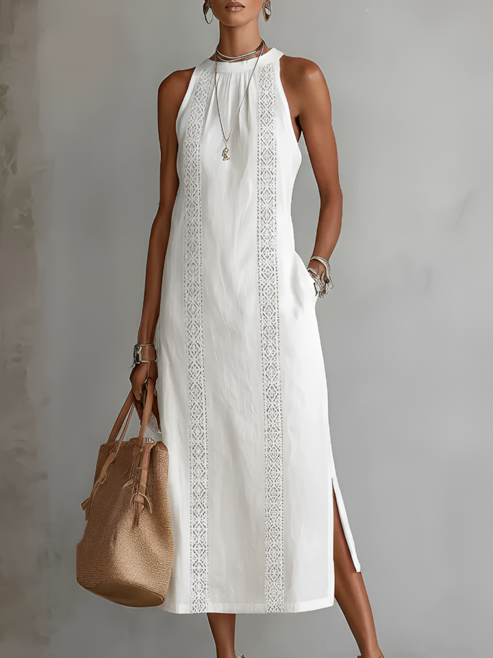 Jimena | Vestido midi bordado relaxante com gola mandarim