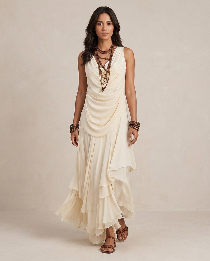Clara - Vestido maxi com folhos em cor creme