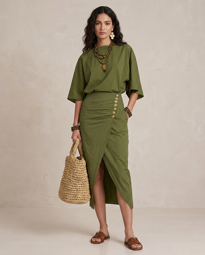 Marta - Vestido Midi Boho em Verde Oliva