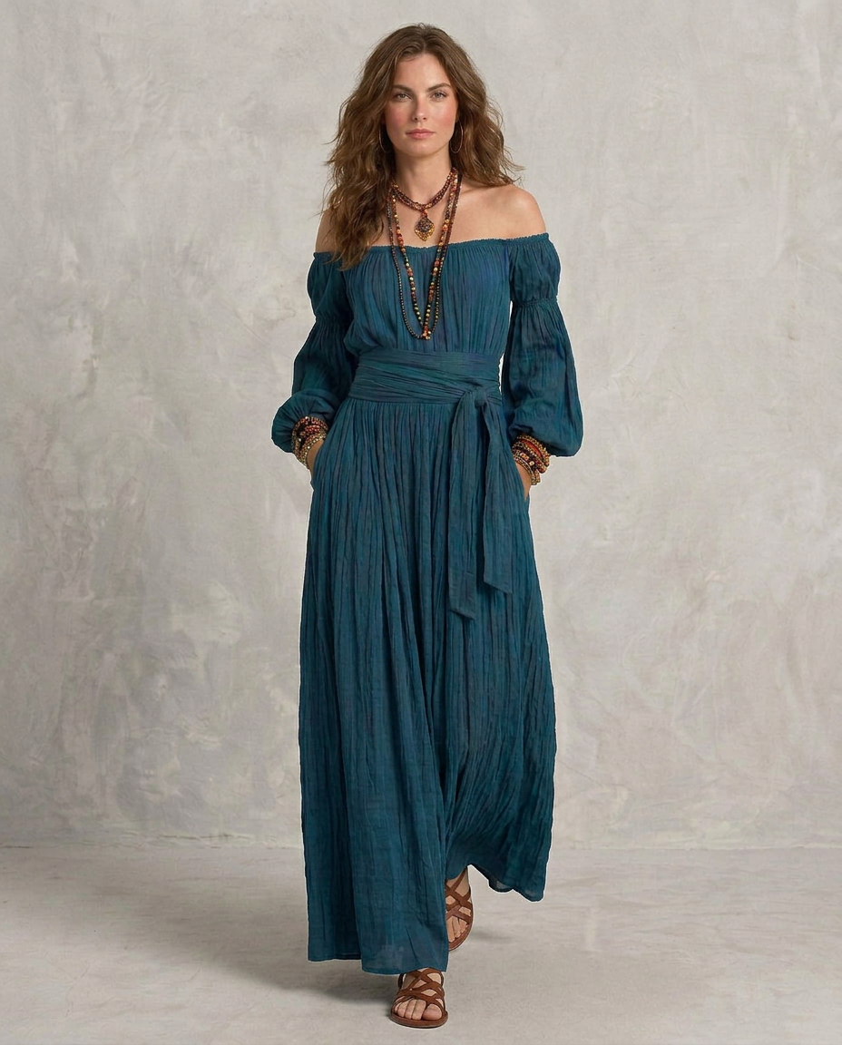 Adriana - Vestido maxi com ombros descobertos turquesa
