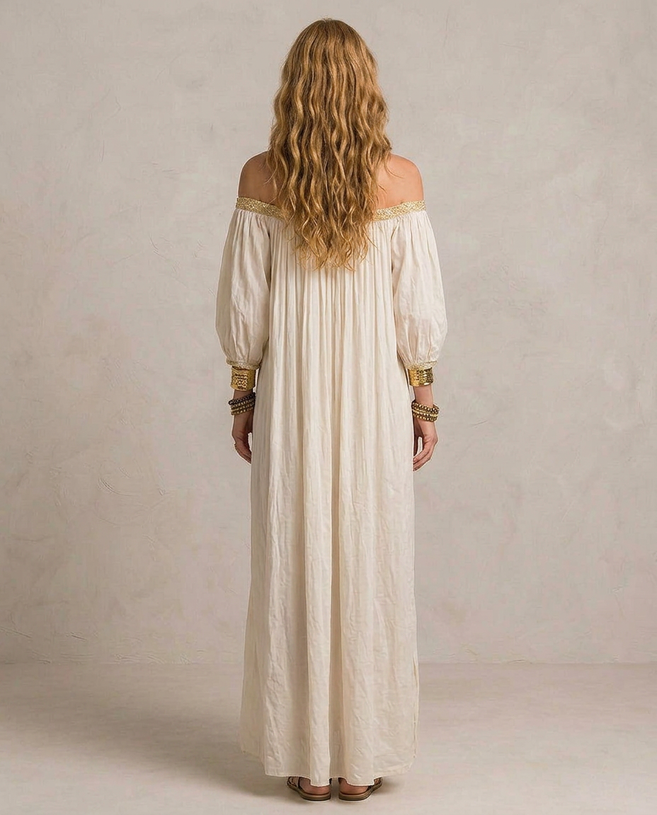 Isabel - Boho Pleated Maxi Dress in Ivory