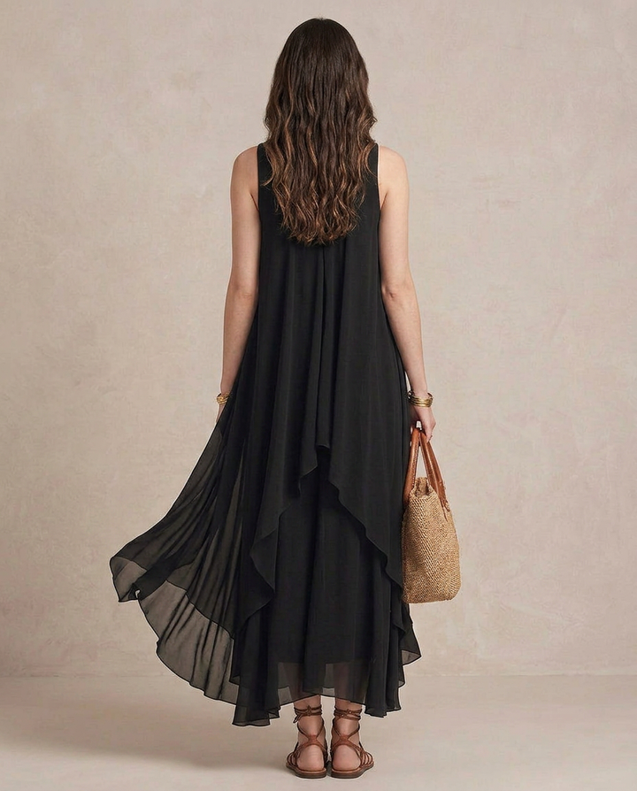 Nadia - Vestido comprido boho em chiffon preto com folhos
