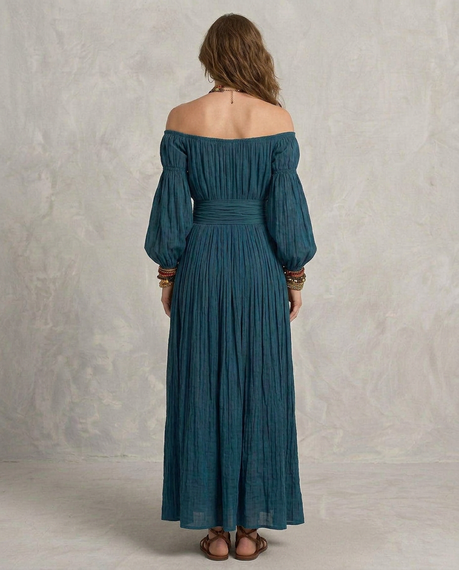 Adriana - Vestido maxi com ombros descobertos turquesa