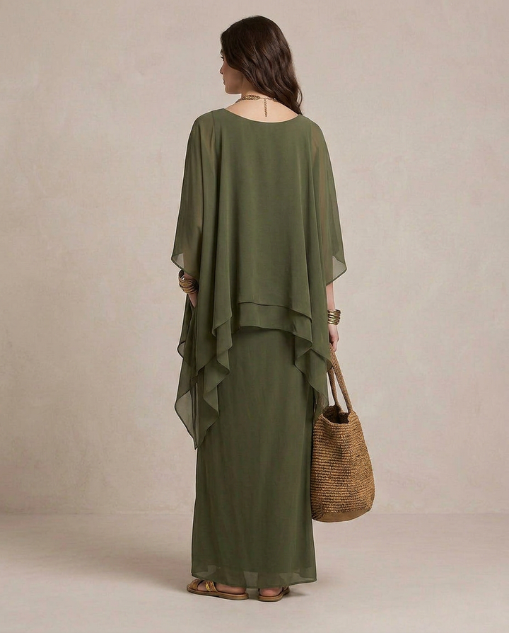 Lia - Vestido maxi com camadas em verde-azeitona