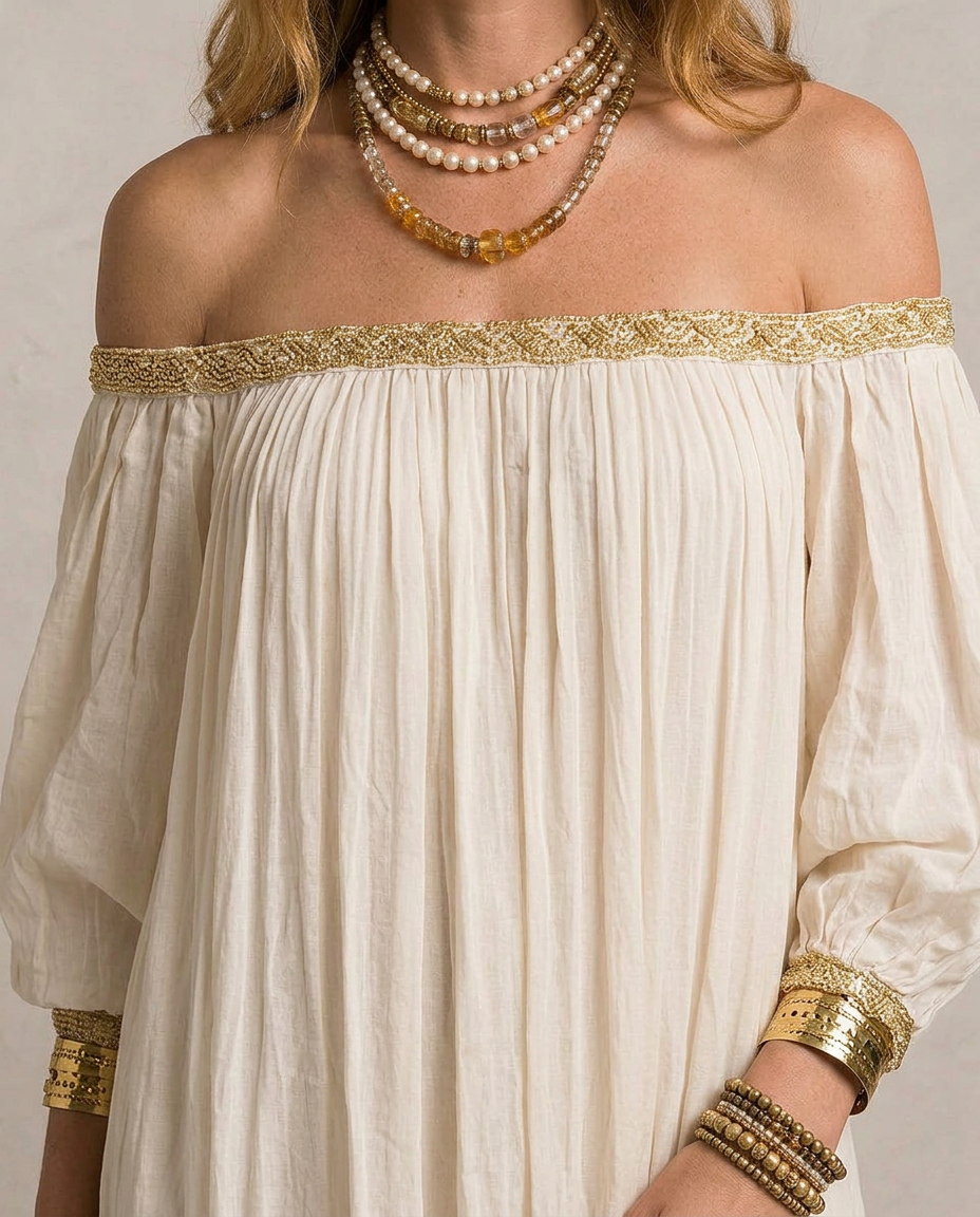 Isabel - Boho Pleated Maxi Dress in Ivory