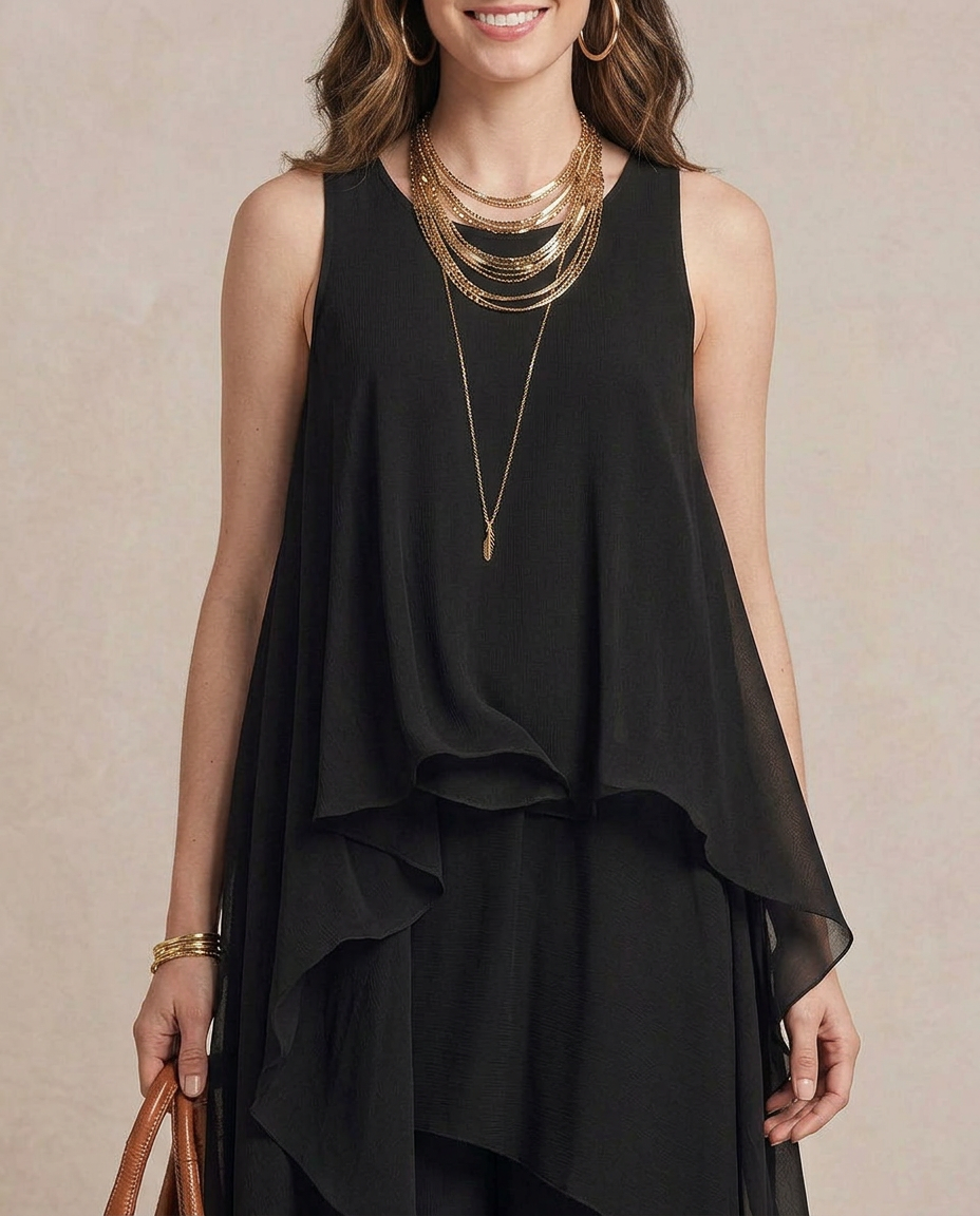 Nadia - Vestido comprido boho em chiffon preto com folhos