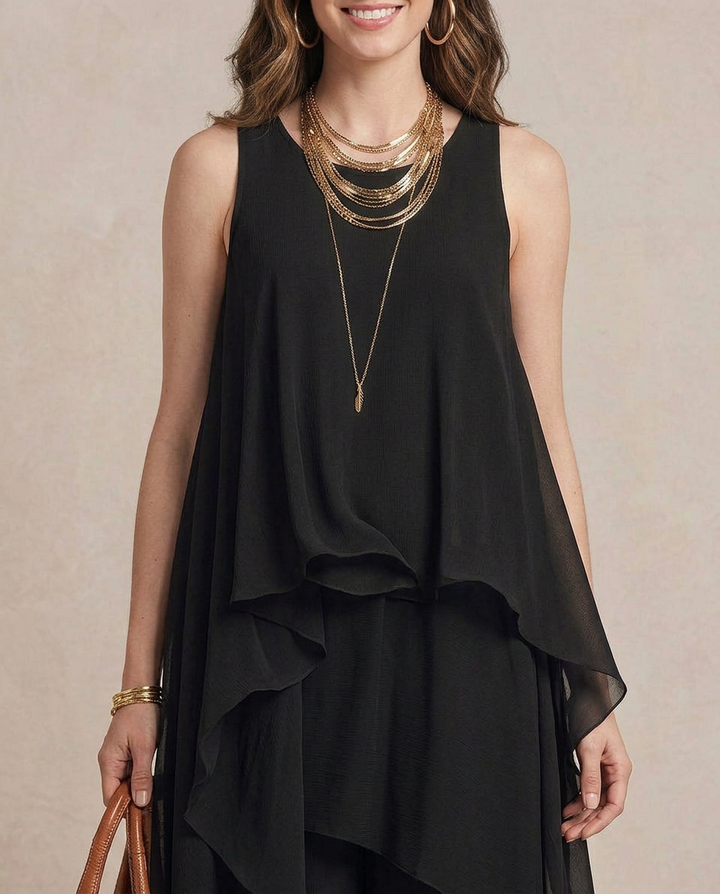 Nadia - Vestido comprido boho em chiffon preto com folhos