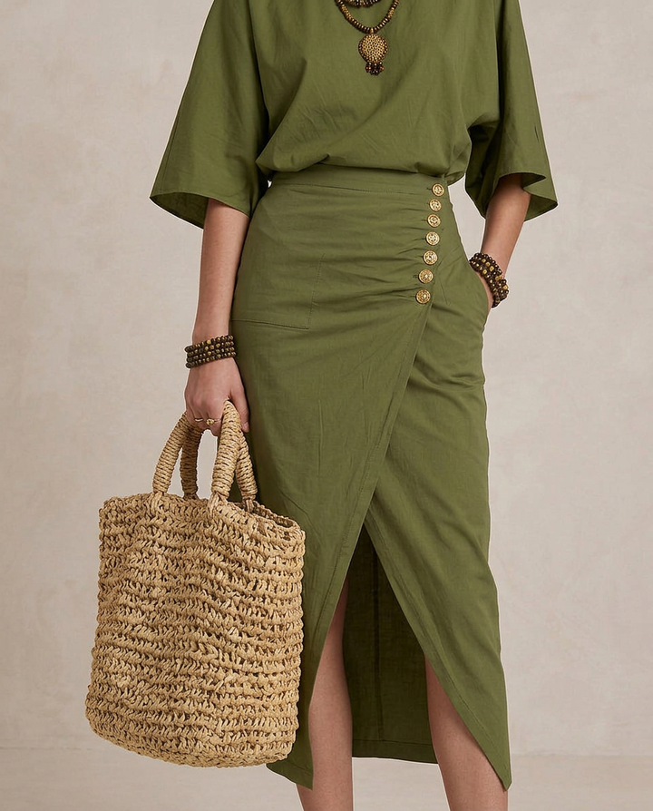 Marta - Vestido Midi Boho em Verde Oliva