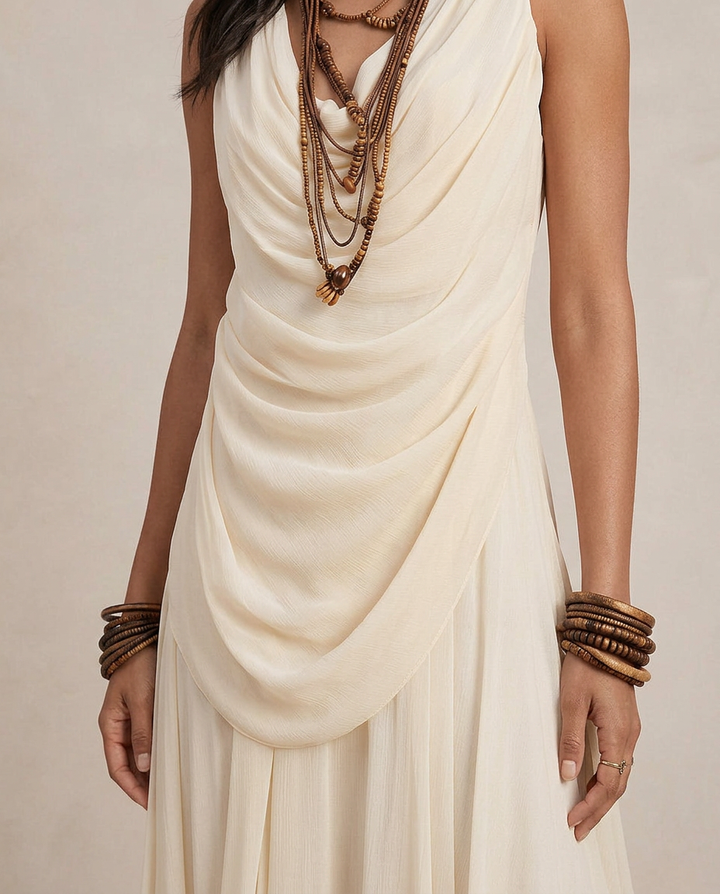Clara - Vestido maxi com folhos em cor creme