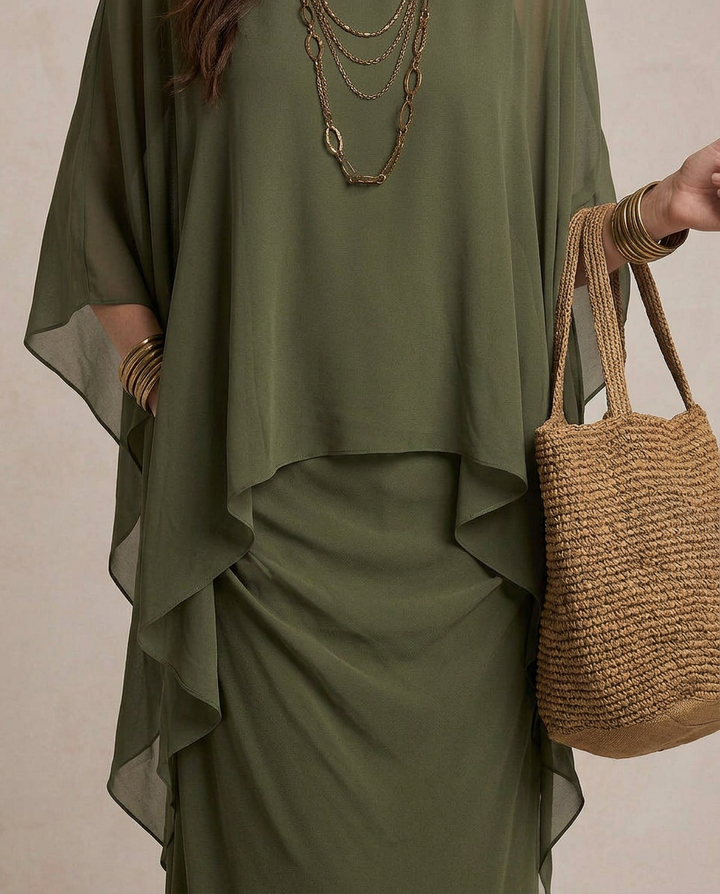 Lia - Vestido maxi com camadas em verde-azeitona