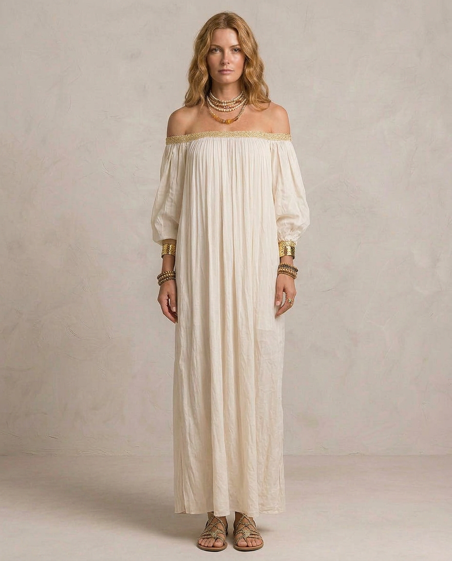 Isabel - Boho Pleated Maxi Dress in Ivory