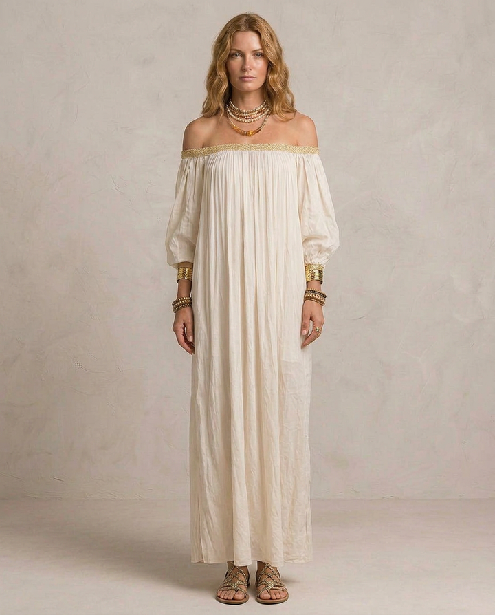 Isabel - Boho Pleated Maxi Dress in Ivory