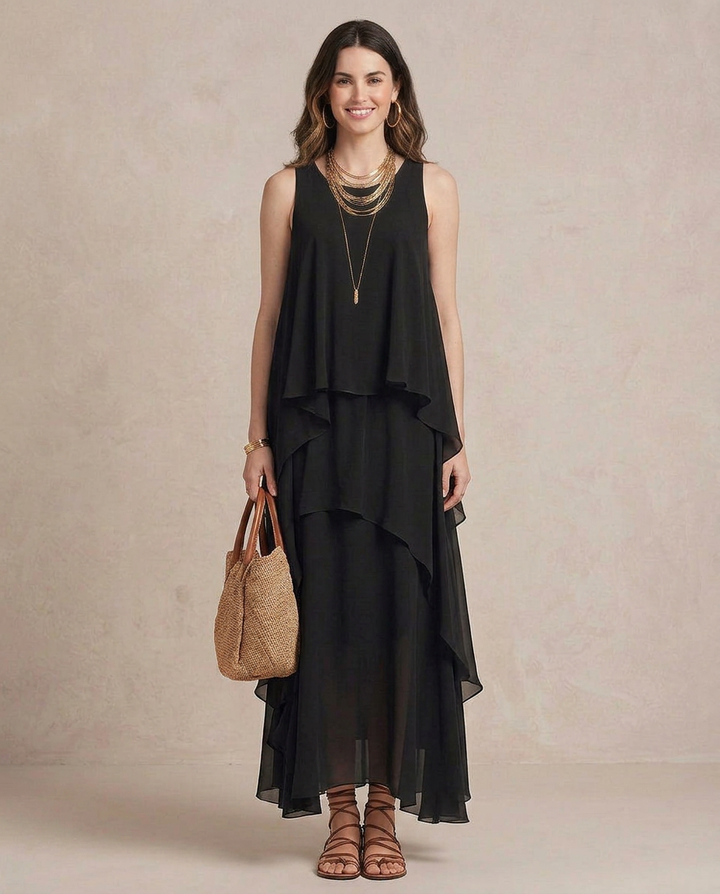 Nadia - Vestido comprido boho em chiffon preto com folhos