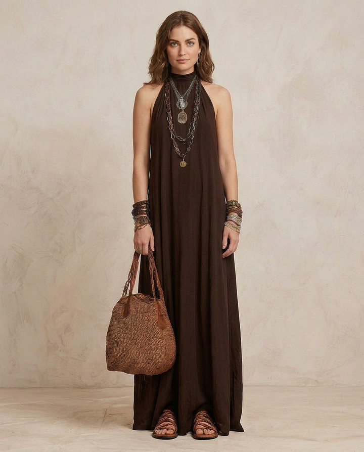 Kamila - Dark brown halter maxi dress