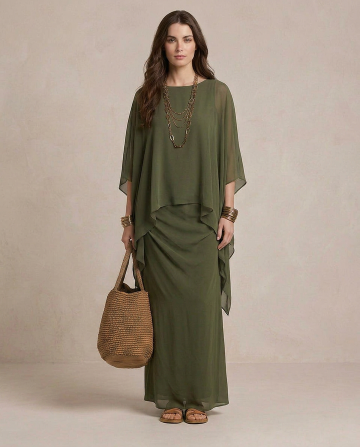 Lia - Vestido maxi com camadas em verde-azeitona