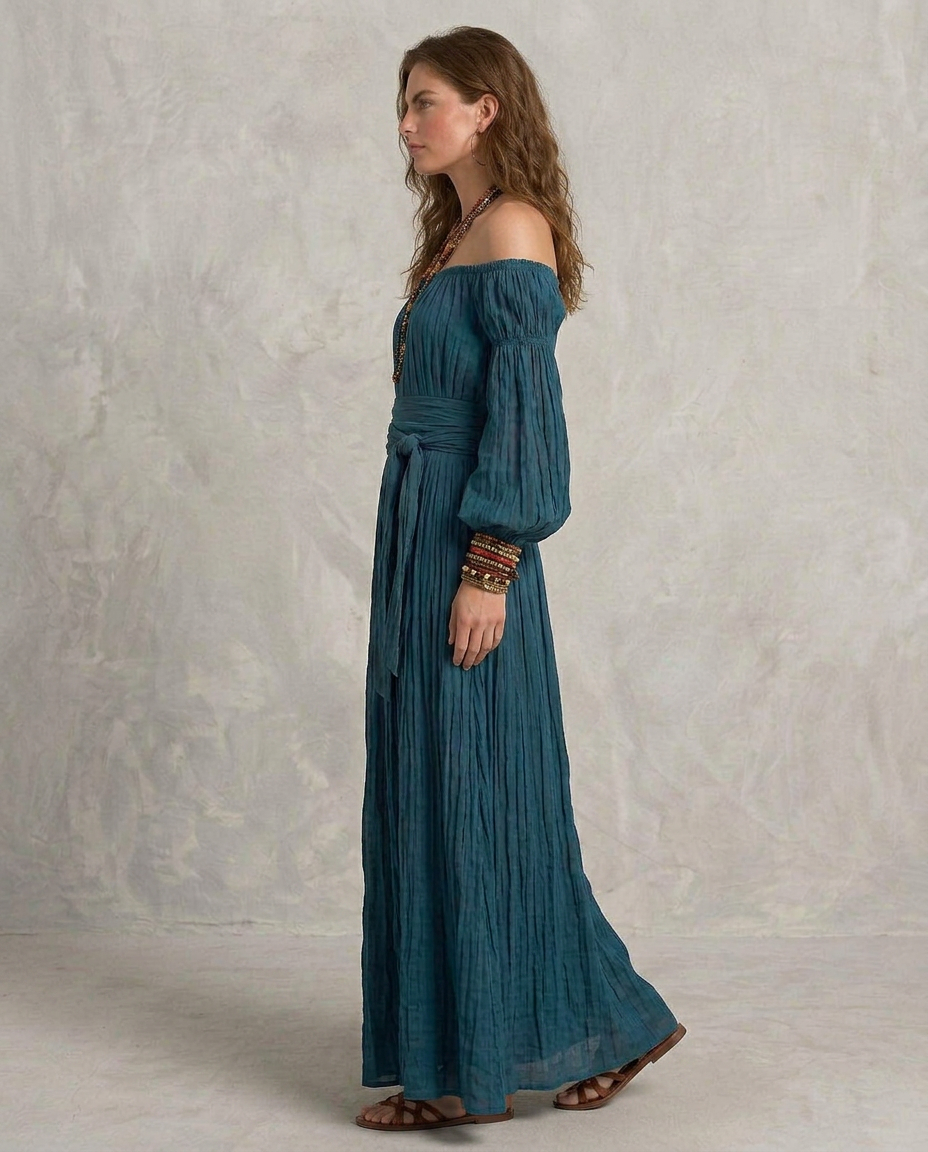 Adriana - Vestido maxi com ombros descobertos turquesa