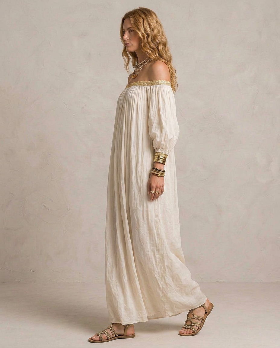 Isabel - Boho Pleated Maxi Dress in Ivory