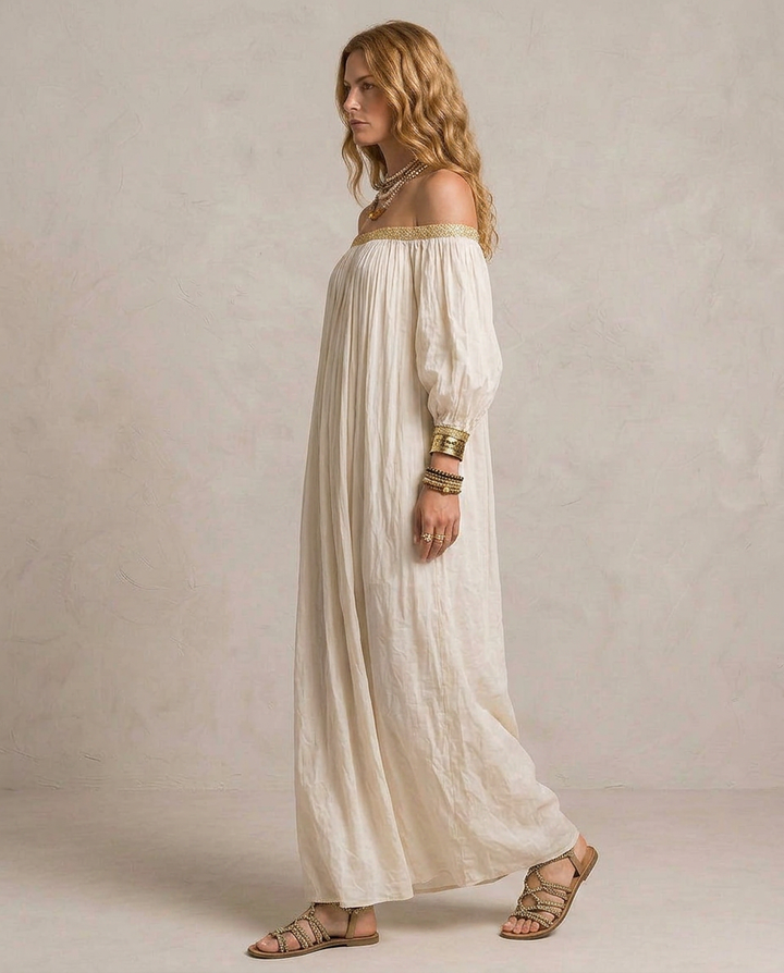 Isabel - Boho Pleated Maxi Dress in Ivory