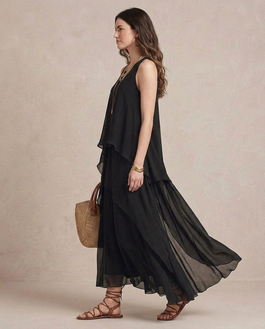 Nadia - Vestido comprido boho em chiffon preto com folhos