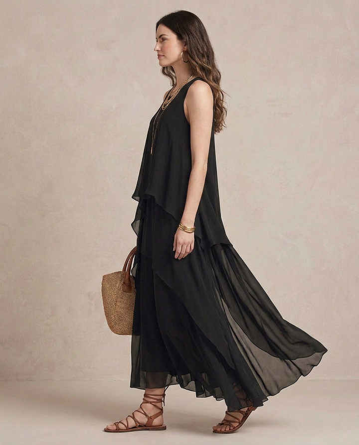 Nadia - Vestido comprido boho em chiffon preto com folhos