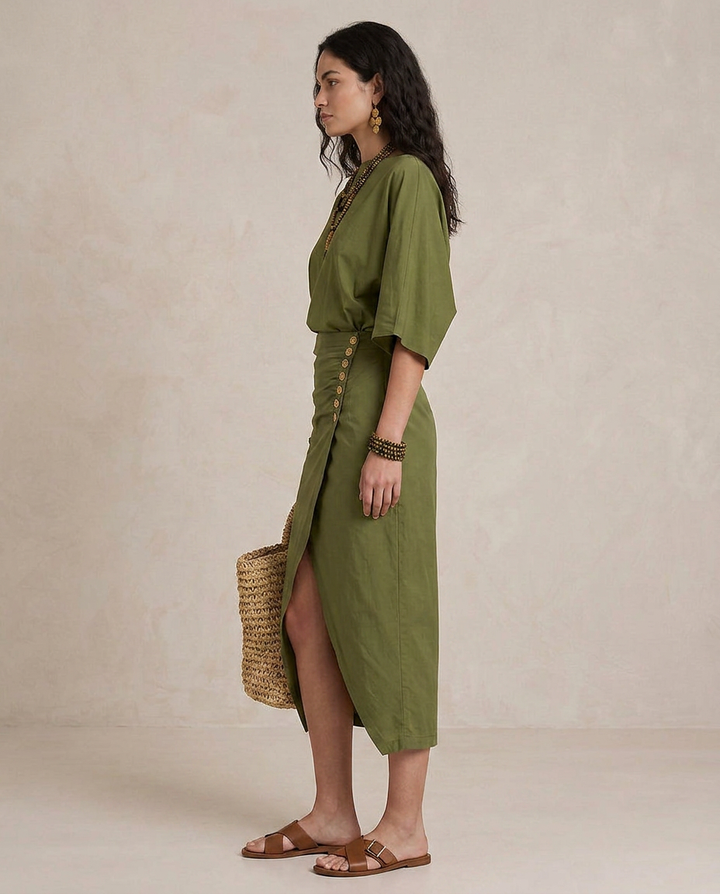 Marta - Vestido Midi Boho em Verde Oliva
