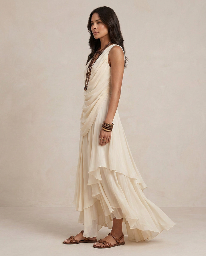 Clara - Vestido maxi com folhos em cor creme
