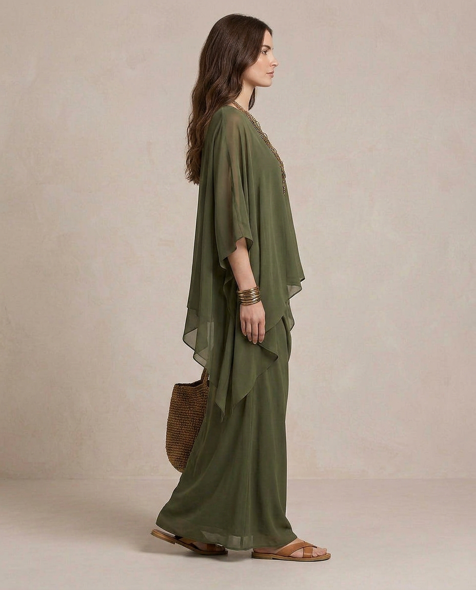 Lia - Vestido maxi com camadas em verde-azeitona
