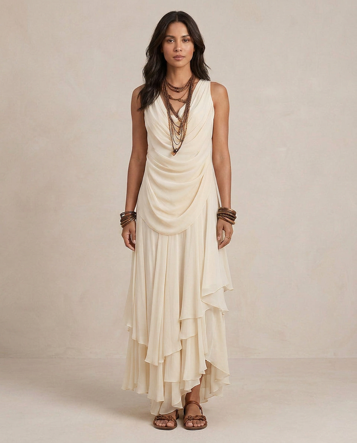 Clara - Vestido maxi com folhos em cor creme