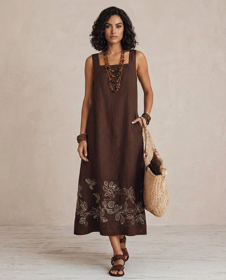 Noemia - Vestido midi de linho com bordados em estilo boho
