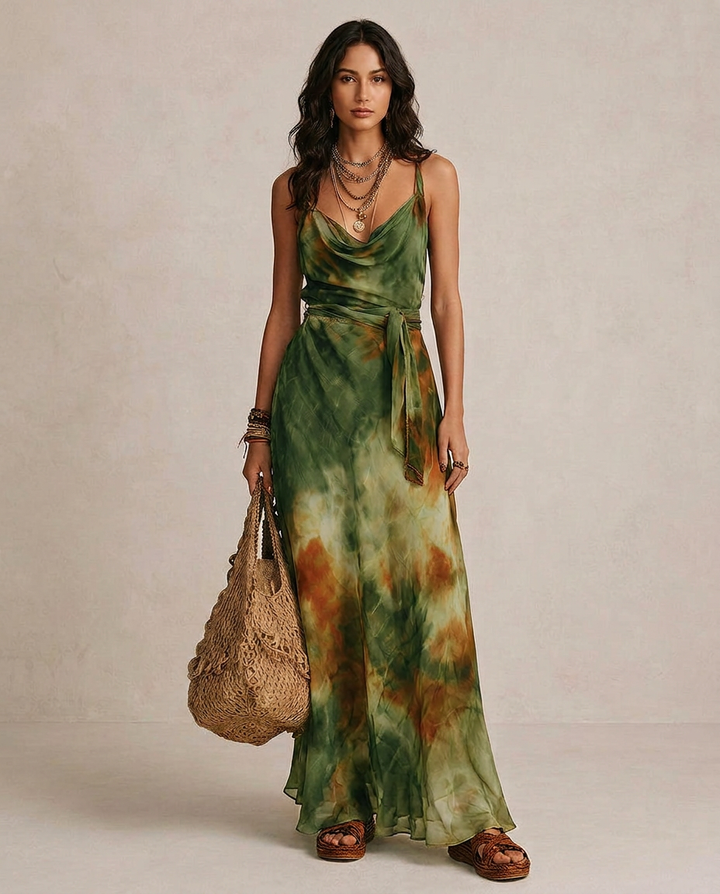 Elvira - Vestido Maxi em Verde Abstrato