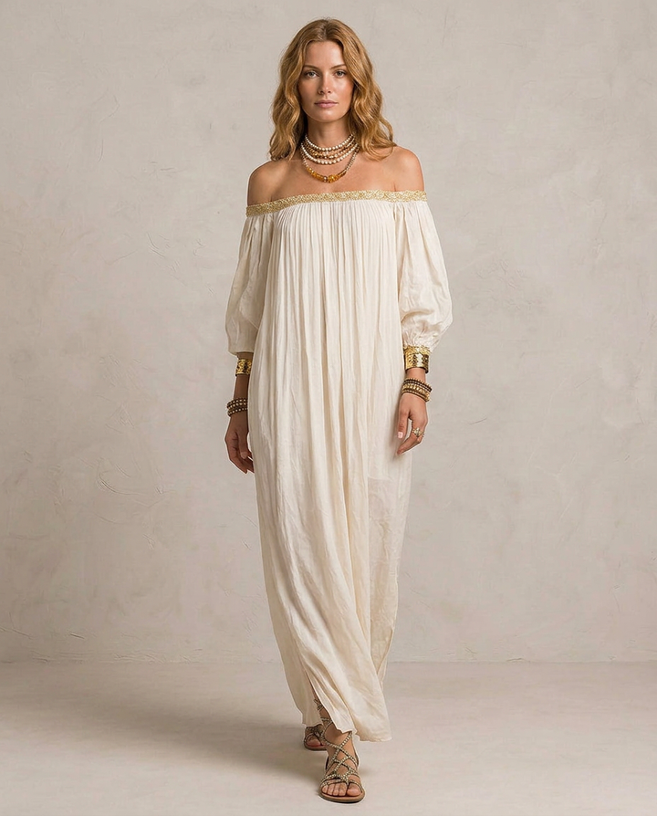 Isabel - Boho Pleated Maxi Dress in Ivory