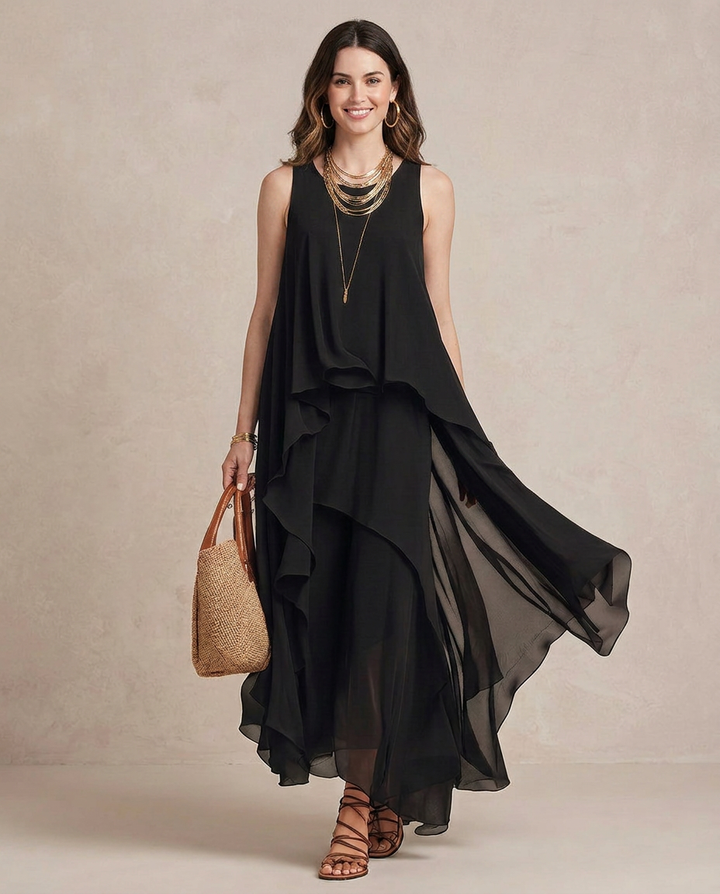 Nadia - Vestido comprido boho em chiffon preto com folhos