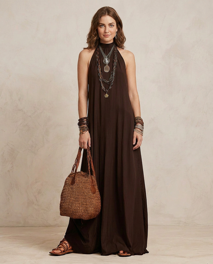 Kamila - Dark brown halter maxi dress