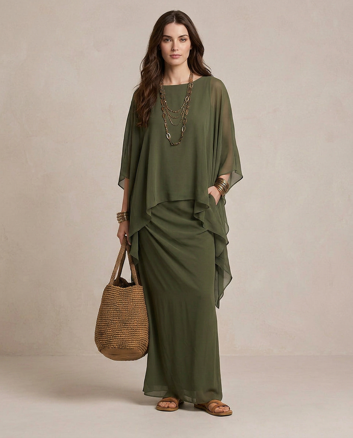 Lia - Vestido maxi com camadas em verde-azeitona