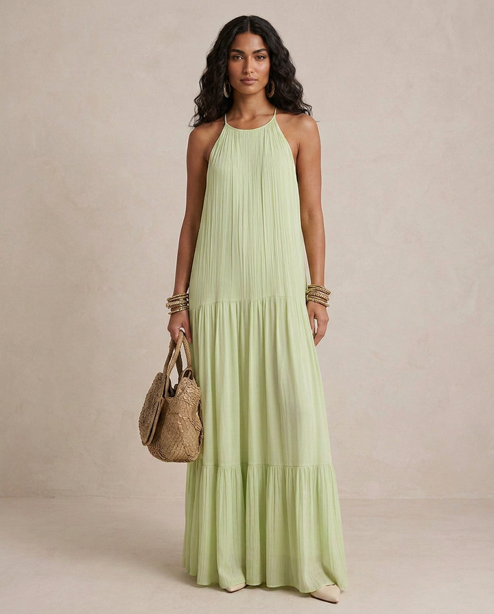 Lívia - Vestido Maxi Boho Verde Pistácio