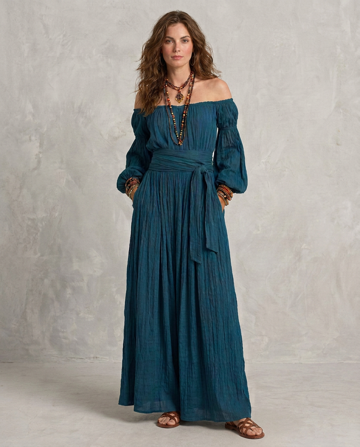 Adriana - Vestido maxi com ombros descobertos turquesa