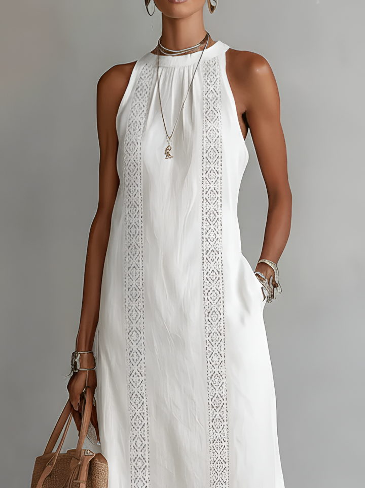 Jimena | Vestido midi bordado relaxante com gola mandarim